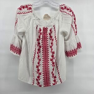 Savanna Jane Peasant Blouse Small White Red Embroidered Boho Cute